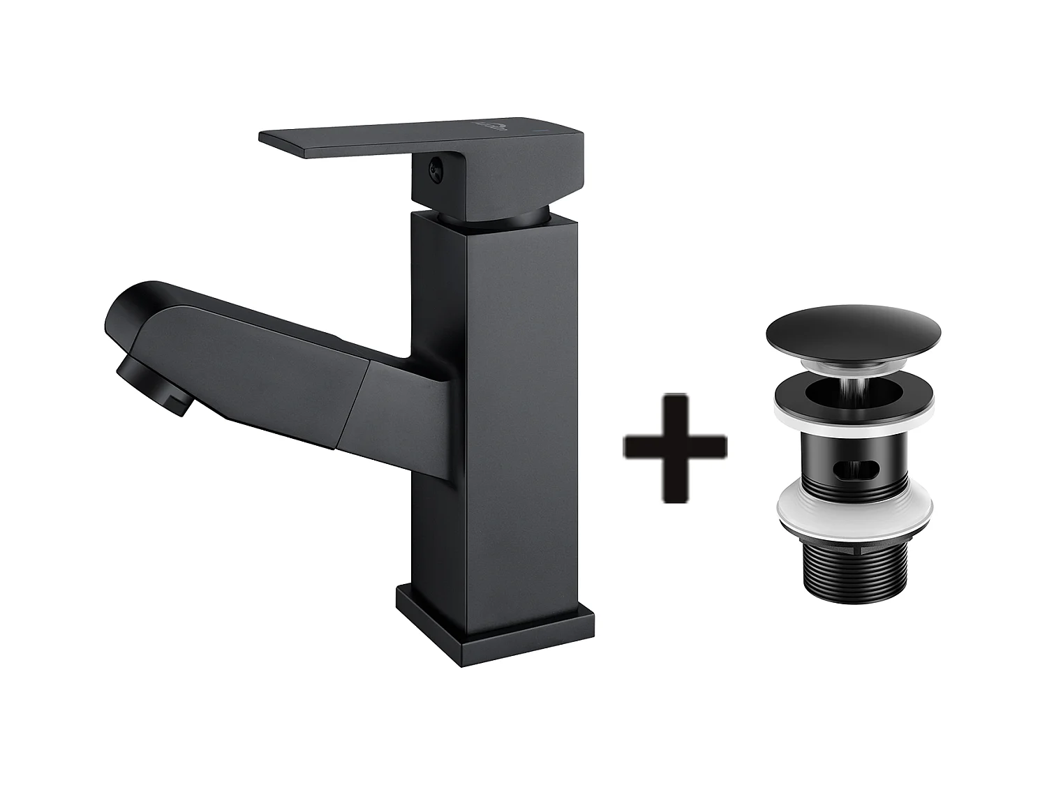 Wastafelmengkraan met uittrekbare handdouche, Zwart, Hoogte 187mm + Wastafelkraan Pop-up met Overloop Automatisch Universeel