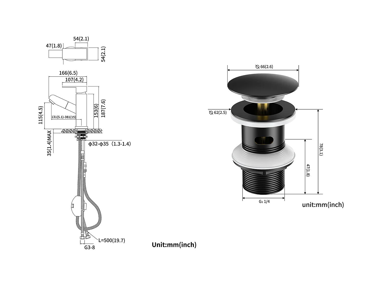 Rubinetto Miscelatore Lavabo con Doccetta Estraibile, Nero, Altezza 187mm+Bonde Lavabo Bonde Pop-up con Trop-plein Automatico Universale