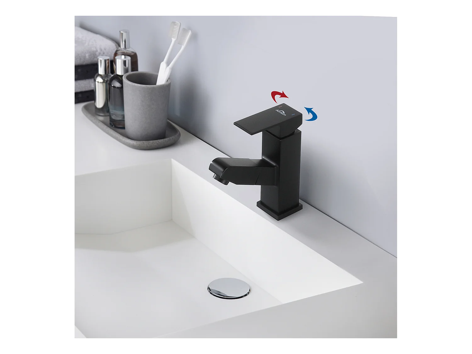 Rubinetto Miscelatore Lavabo con Doccetta Estraibile, Nero, Altezza 187mm+Bonde Lavabo Bonde Pop-up con Trop-plein Automatico Universale