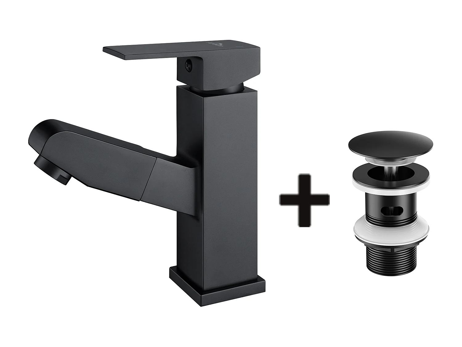 Wastafelmengkraan met uittrekbare handdouche, Zwart, Hoogte 187mm + Wastafelkraan Pop-up met Overloop Automatisch Universeel