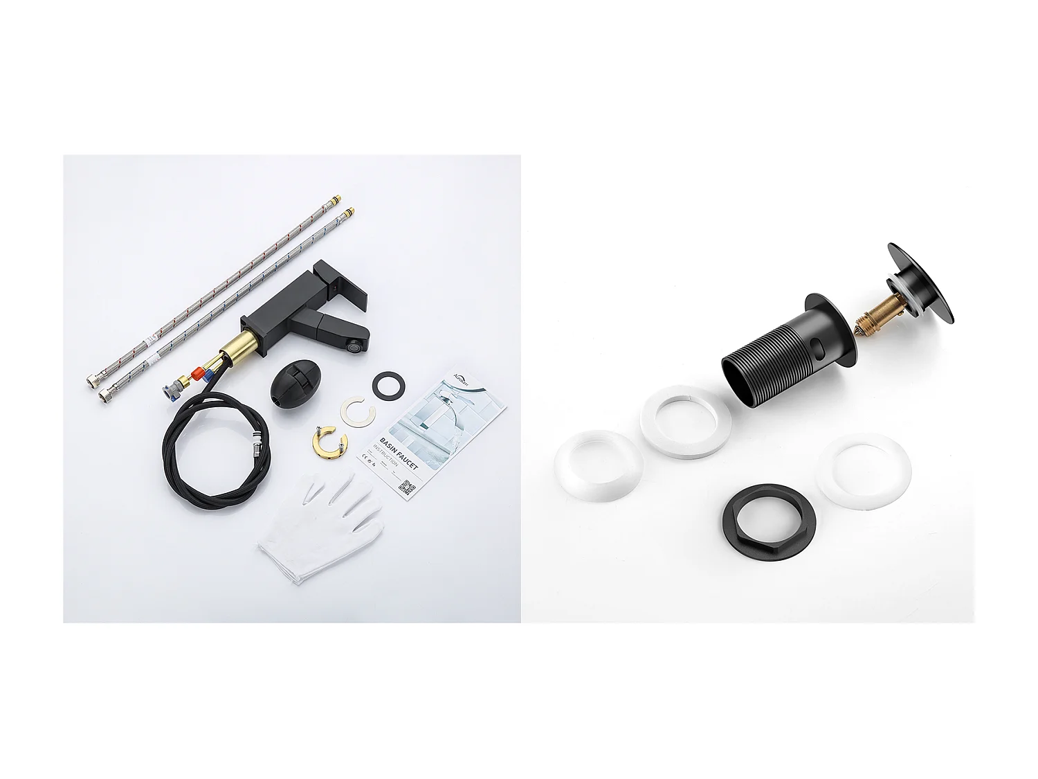 Wastafelmengkraan met uittrekbare handdouche, Zwart, Hoogte 187mm + Wastafelkraan Pop-up met Overloop Automatisch Universeel