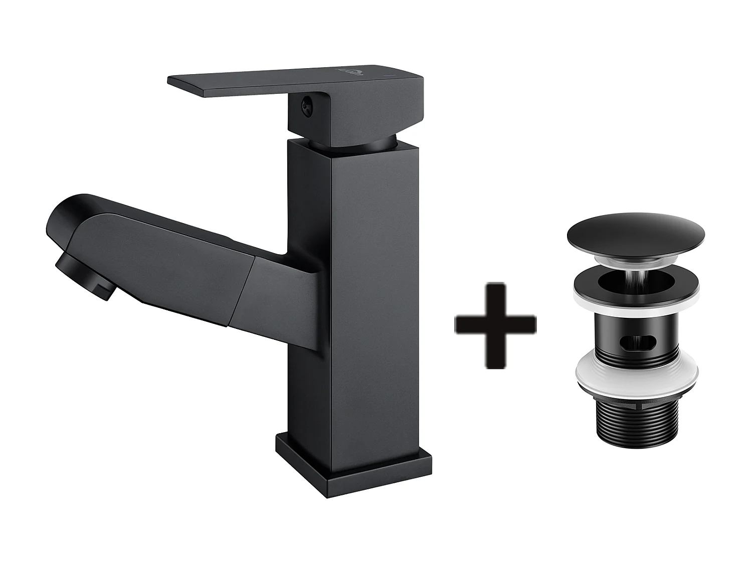 Wastafelmengkraan met uittrekbare handdouche, Zwart, Hoogte 187mm + Wastafelkraan Pop-up met Overloop Automatisch Universeel