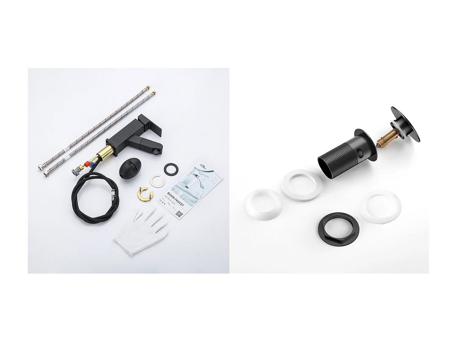 Wastafelmengkraan met uittrekbare handdouche, Zwart, Hoogte 187mm + Wastafelkraan Pop-up met Overloop Automatisch Universeel