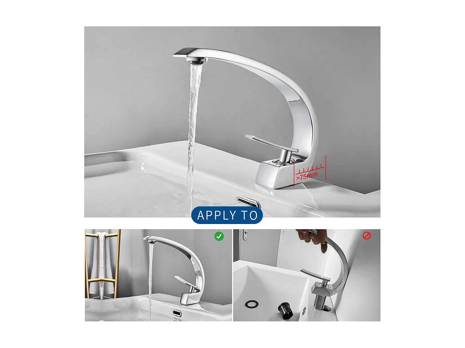 Auralum max Arc Miscelatore Lavabo in Ottone Monoforo con Schiumatore Smontabile+60cm Portasciugamani Bagno Autoadesivo o Foratura in Acciaio Inox 304