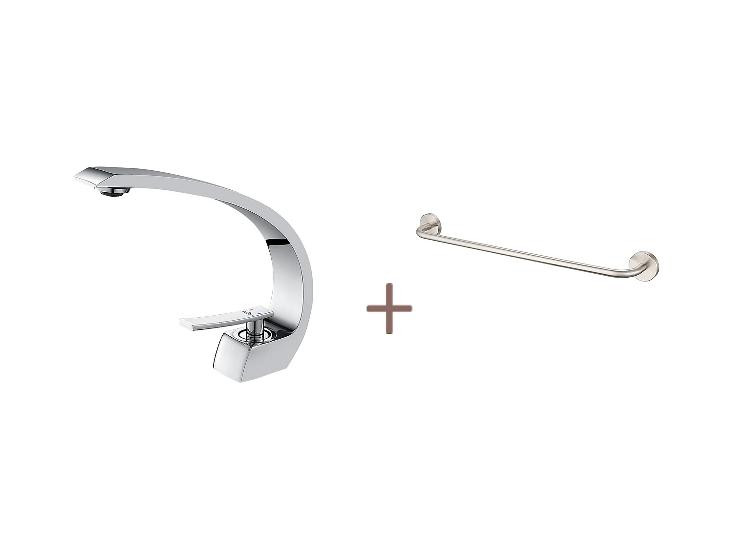 Auralum max Arc messing wastafelmengkraan met één gat met demonteerbare opschuimer + 60cm handdoekhouder badkamer zelfklevend of borend roestvrij staal 304
