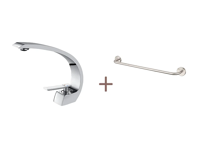 Auralum max Arc messing wastafelmengkraan met één gat met demonteerbare opschuimer + 60cm handdoekhouder badkamer zelfklevend of borend roestvrij staal 304