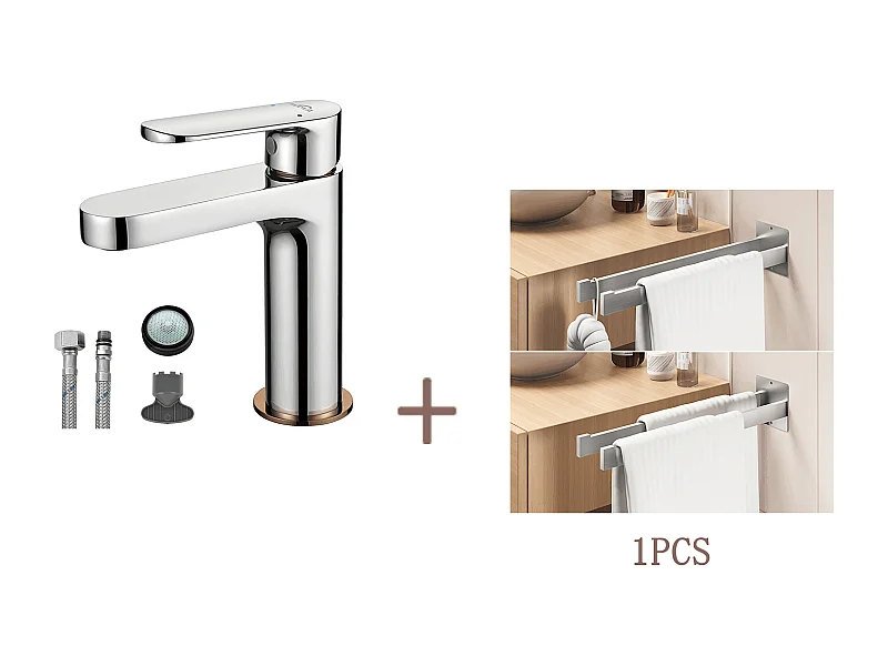 Robinet Salle Bain,AURALUM MAX Mitigeur Lavabo,Finition or Rose+Porte Serviette Salle Bain Adhésif/Perçage,Barres Porte Serviettes Mural,Brossé