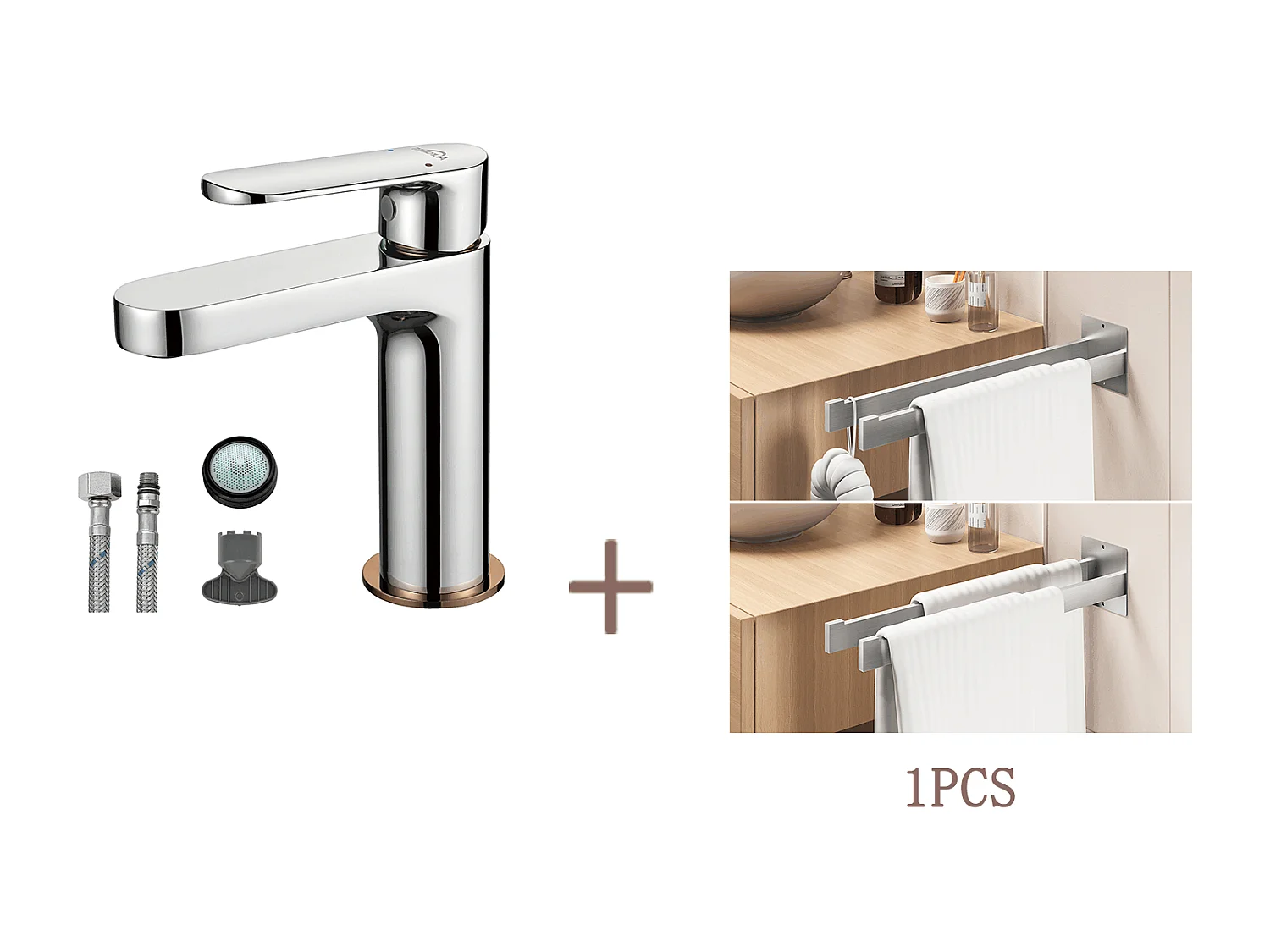 Robinet Salle Bain,AURALUM MAX Mitigeur Lavabo,Finition or Rose+Porte Serviette Salle Bain Adhésif/Perçage,Barres Porte Serviettes Mural,Brossé