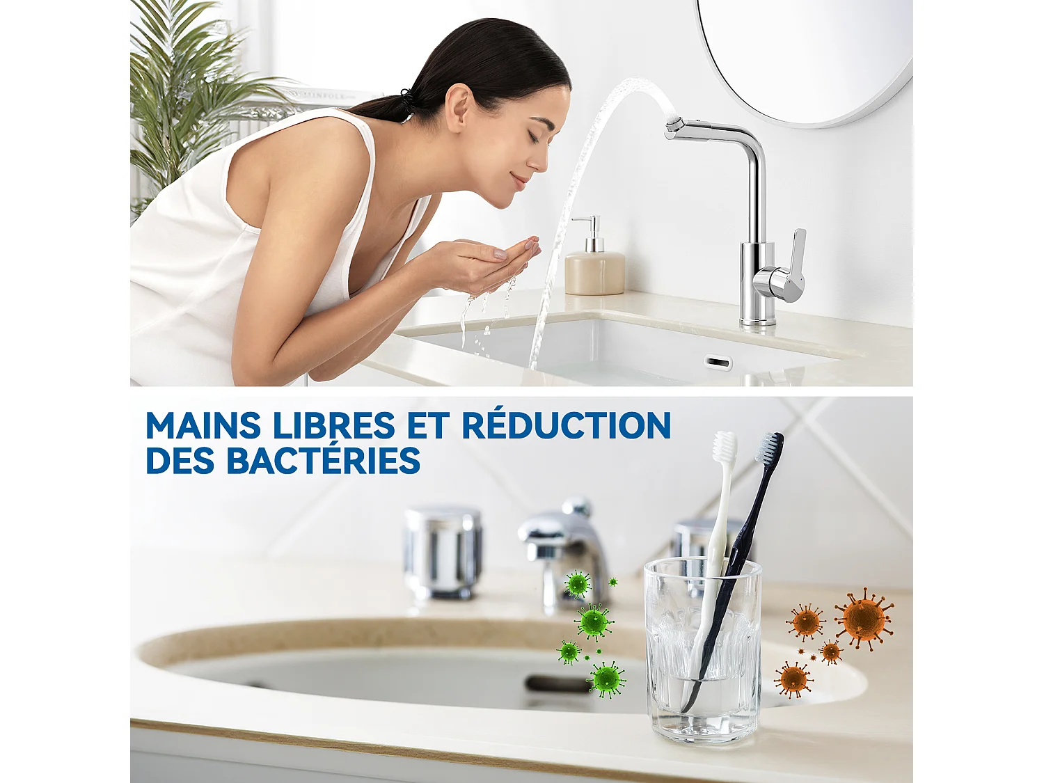 2pcs Auralum max Robinet Lavabo Chromé,360° Rotation Robinet Salle de Bain Eau Froide/Chaude Robinet Monocommande Mitigeur Lavabo Robinet Lavabo