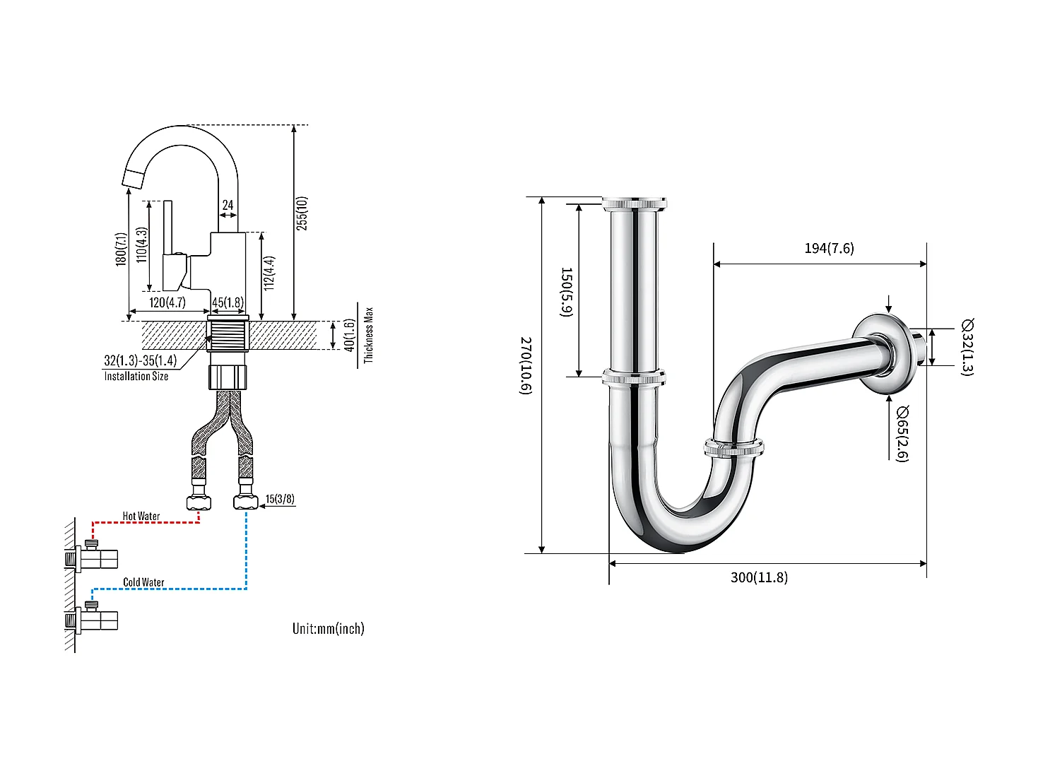 Weißer Spültischhahn, 360° drehbar, abnehmbarer Sprudel, Kalt-/Warmwasser + U-förmiger Spülbecken-Siphon, Edelstahl-Siphon mit Geruchsschutz, Ø32 mm, Chrom