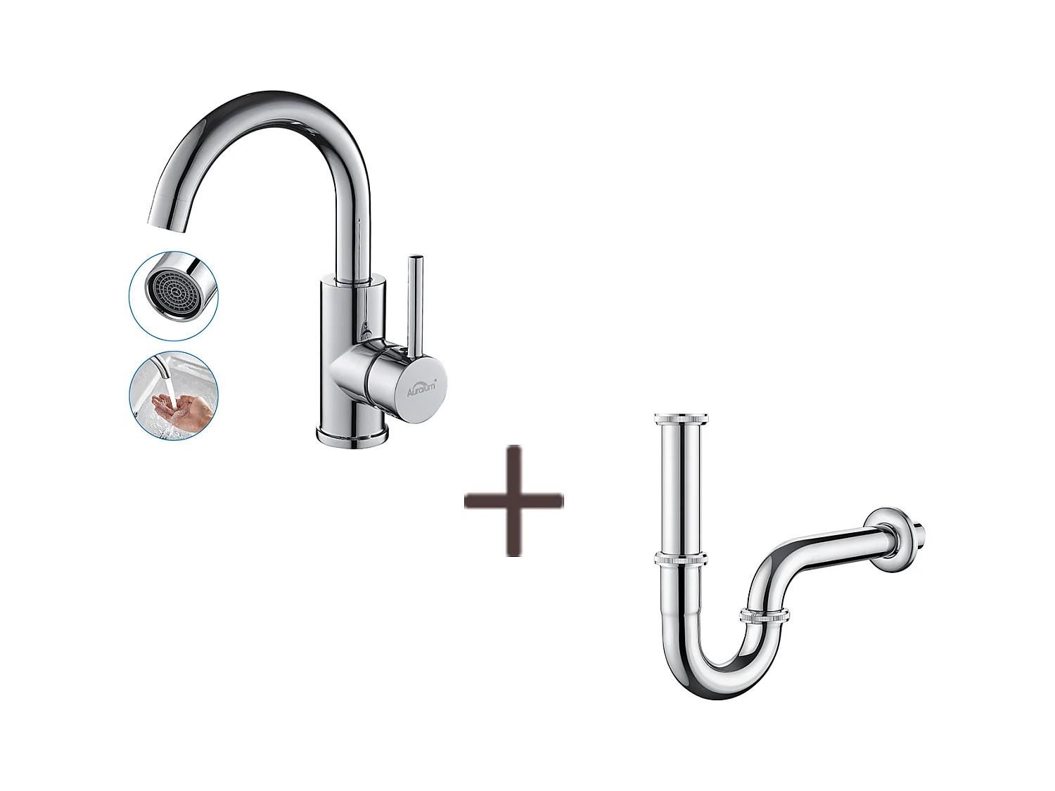 Wastafelkraan Wit 360° Draaibaar, Demonteerbaar Romper, Koud/warm Water+ Wastafel Sifon U-vorm Buis Sifon RVS Anti-geur, Ø32 mm, Chroom
