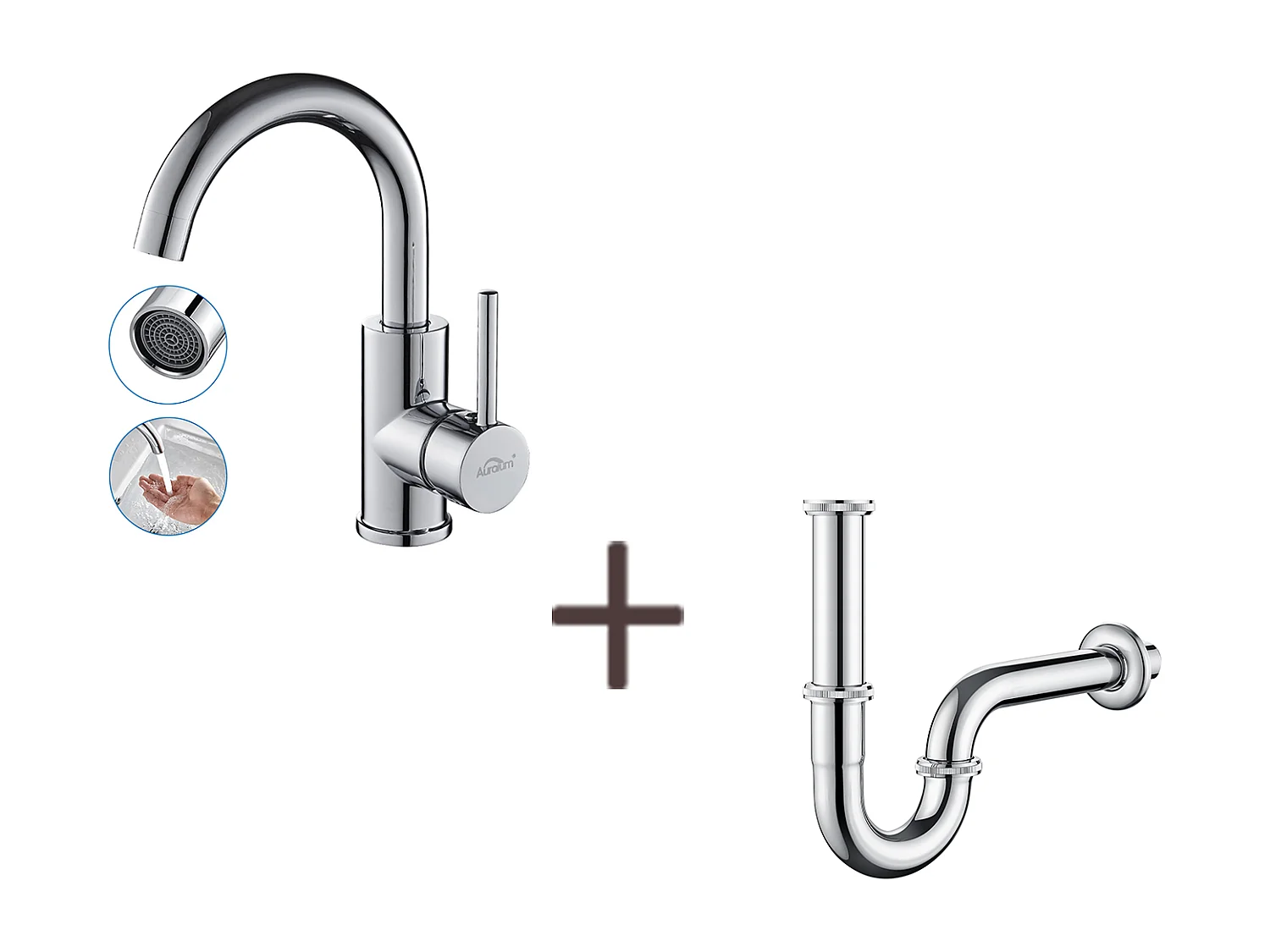 Robinet Lavabo Blanc Rotation 360°,Barboteur démontable,Eau froide/chaude+Siphon Lavabo Forme U Tube Siphon Inox Anti-odeurs,Ø32 mm,Chromé