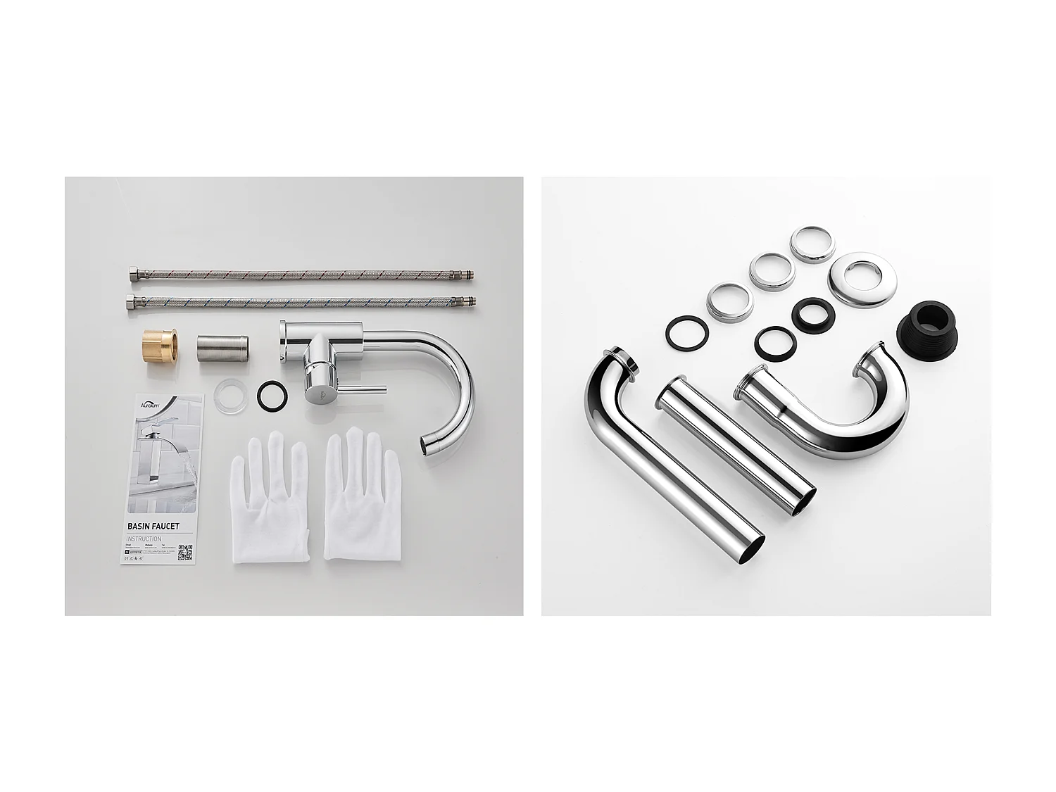 Robinet Lavabo Blanc Rotation 360°,Barboteur démontable,Eau froide/chaude+Siphon Lavabo Forme U Tube Siphon Inox Anti-odeurs,Ø32 mm,Chromé