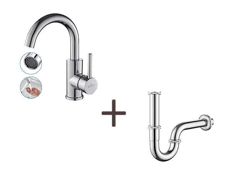 Robinet Lavabo Blanc Rotation 360°,Barboteur démontable,Eau froide/chaude+Siphon Lavabo Forme U Tube Siphon Inox Anti-odeurs,Ø32 mm,Chromé