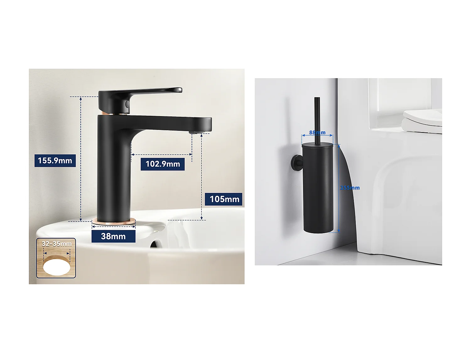 Grifo Baño, Negro, con Espumador Desmontable, Agua Fría/Caliente+Cepillo WC Suspendido con Soporte de Cepillo, Acero Inoxidable,Negro