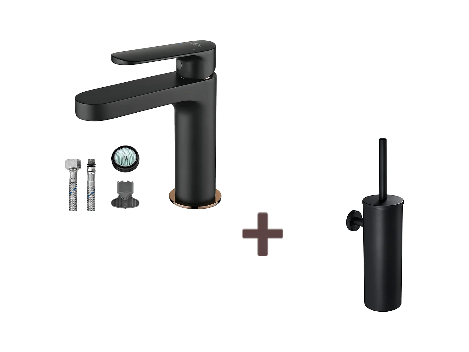 Robinet Salle de Bain,Noir,avec Mousseur Démontable,eau Froide/Chaude+Brosse Toilettes WC Suspendu avec Support de Brosse, Acier INOX,Noir