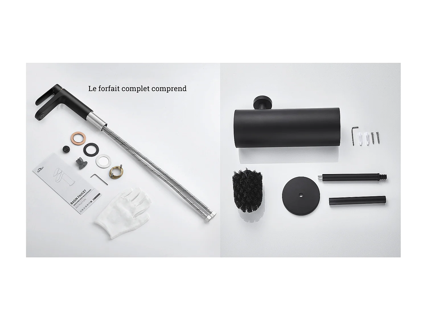 Robinet Salle de Bain,Noir,avec Mousseur Démontable,eau Froide/Chaude+Brosse Toilettes WC Suspendu avec Support de Brosse, Acier INOX,Noir