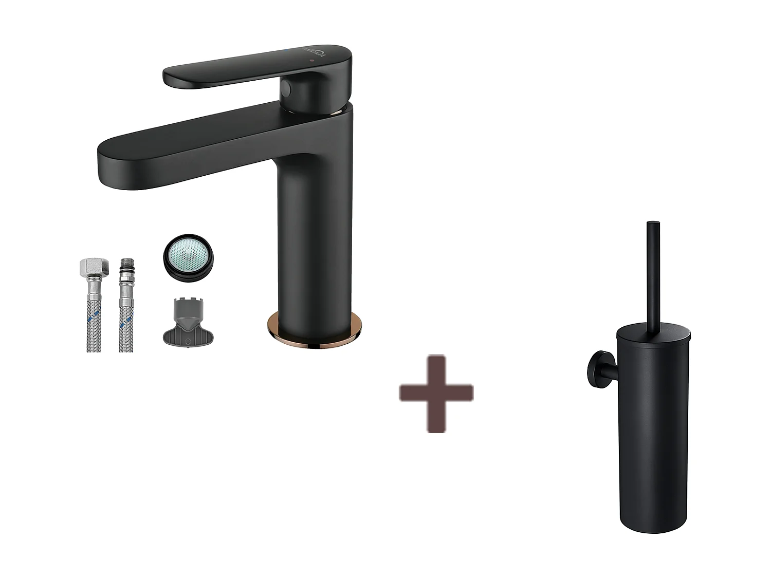 Badarmatur, schwarz, mit abnehmbarem Luftsprudler, Kalt-/Warmwasser + WC-Bürste, Wand-WC mit Bürstenhalter, Edelstahl, schwarz