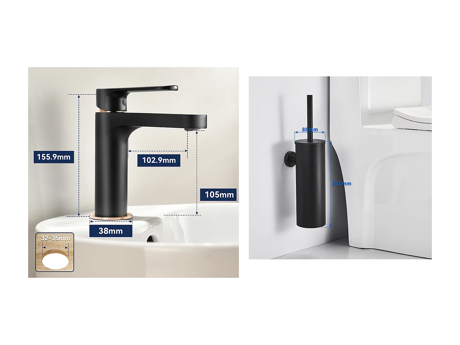 Badarmatur, schwarz, mit abnehmbarem Luftsprudler, Kalt-/Warmwasser + WC-Bürste, Wand-WC mit Bürstenhalter, Edelstahl, schwarz