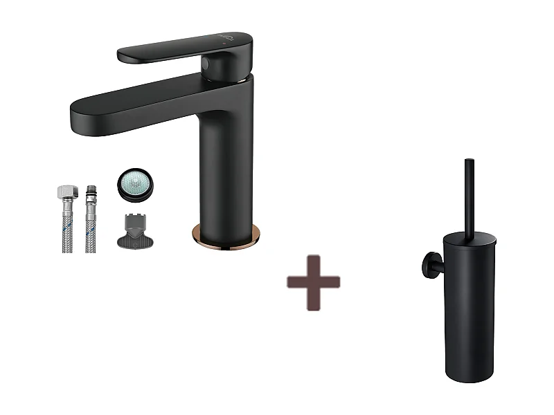 Badkamerkraan, Zwart, met Afneembare Schuimer, Koud/Warm Water + Toiletborstel Hangende WC met Borstelhouder, RVS, Zwart