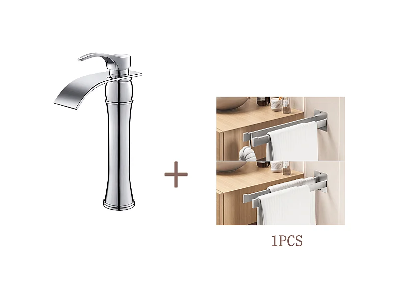 Auralum max Wasserfall-Waschtischarmatur mit hohem Auslauf, Chrom+Kleber/Bohren, Handtuchhalter für Badezimmer, Handtuchhalter zur Wandmontage, Gebürstet