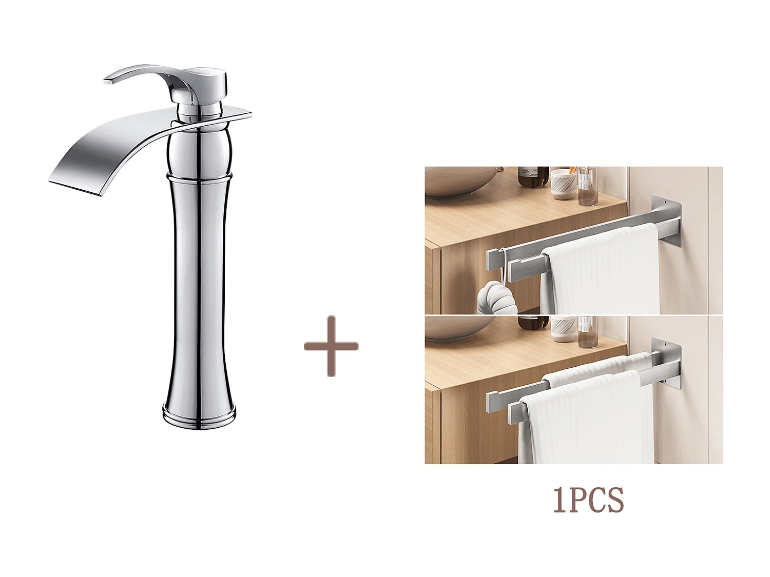 Auralum max Mitigeur Lavabo Cascade Robinet Lavabo/Vasque Haute Bec,Chromé+Porte Serviette Salle Bain Adhésif/Perçage,Porte Serviettes Mural,Brossé