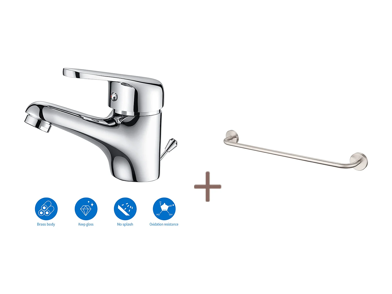 Auralum Max Mitigeur Lavabo Monotrou avec Tirette Vidage,Bonde Incluse, Chromé+60cm Porte-Serviettes Salle Bain Auto-adhésif ou Perçage en Inox 304