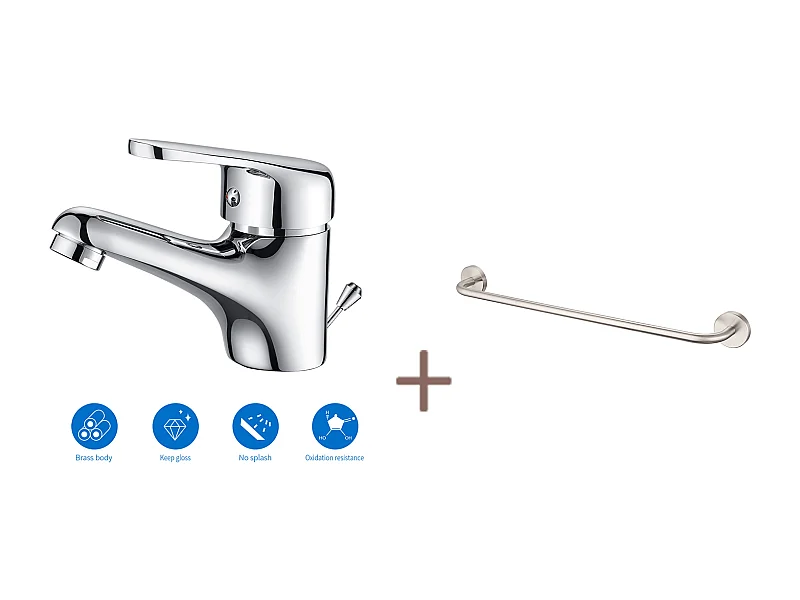 Auralum Max Mitigeur Lavabo Monotrou avec Tirette Vidage,Bonde Incluse, Chromé+60cm Porte-Serviettes Salle Bain Auto-adhésif ou Perçage en Inox 304