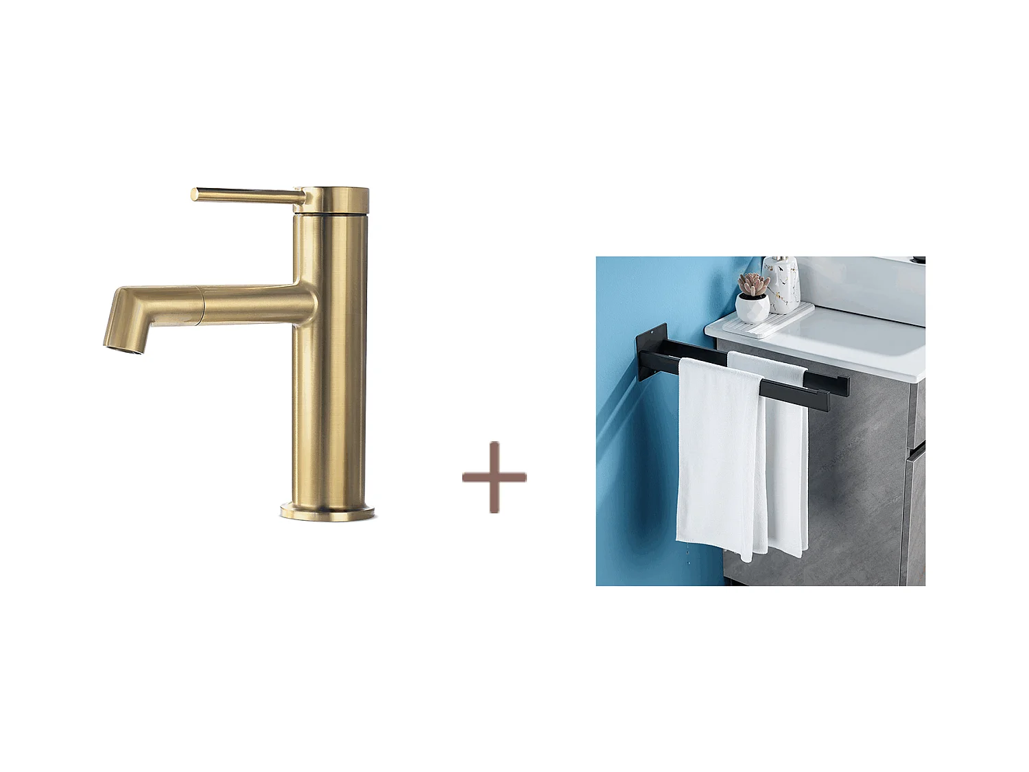 Lonheomax Mitigeur Lavabo Doré Rotatif à 360°,Barboteur Démotable+Porte Serviette Salle Bain Adhésif/Perçage,Barres Porte Serviettes,Inox,Noir,40 CM