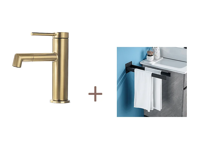 Lonheomax 360° Draaibare Gouden Wastafelmengkraan, Omkeerbaar Romper + Handdoekhouder Badkamer Zelfklevend/Boren,Handdoekstangen, RVS, Zwart, 40 CM