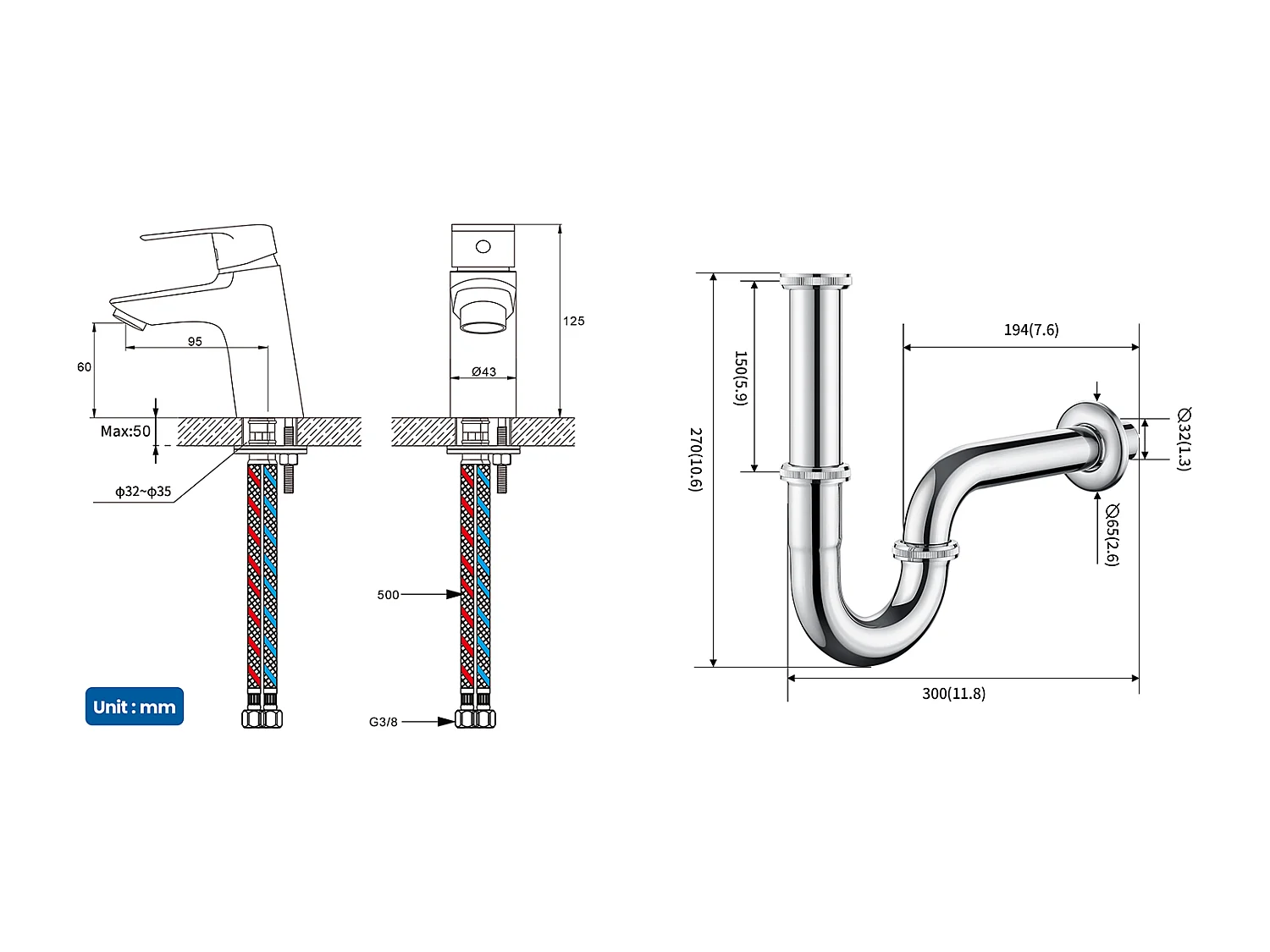 Miscelatore Lavabo Monoforo Cromato con Foro Tirante di Svuotamento,ACQUA Fredda/Caldo+Sifone Lavabo Forma U Tubo Sifone Antiodore,Sifone Ø32 mm