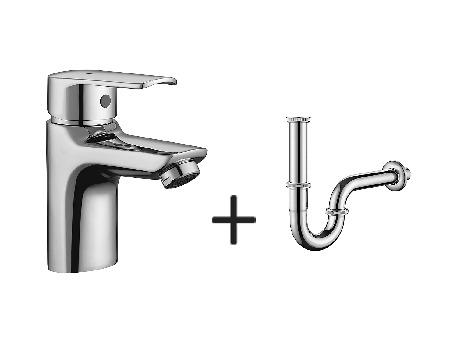 Mitigeur Lavabo Monotrou Chromé avec Trou de Tirette de Vidage,EAU Froide/Chaude+Siphon Lavabo Forme U Tube Siphon Anti-odeurs,Siphon Ø32 mm