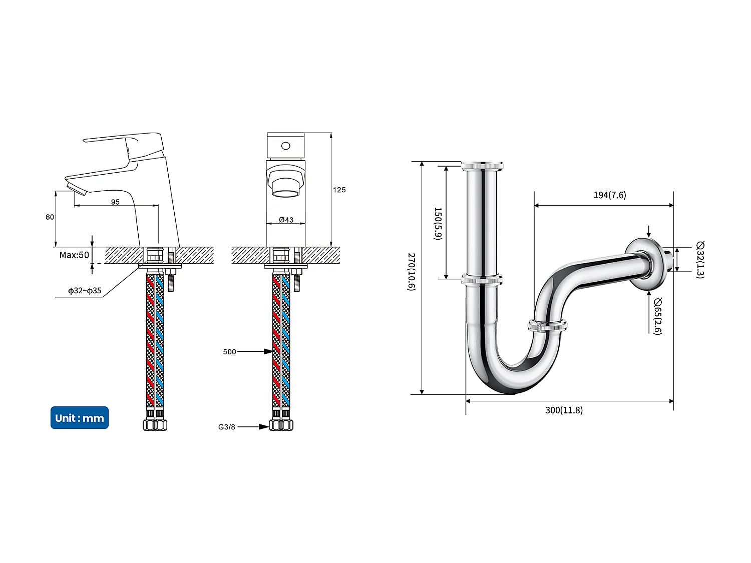 Mitigeur Lavabo Monotrou Chromé avec Trou de Tirette de Vidage,EAU Froide/Chaude+Siphon Lavabo Forme U Tube Siphon Anti-odeurs,Siphon Ø32 mm