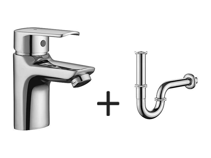 Mitigeur Lavabo Monotrou Chromé avec Trou de Tirette de Vidage,EAU Froide/Chaude+Siphon Lavabo Forme U Tube Siphon Anti-odeurs,Siphon Ø32 mm