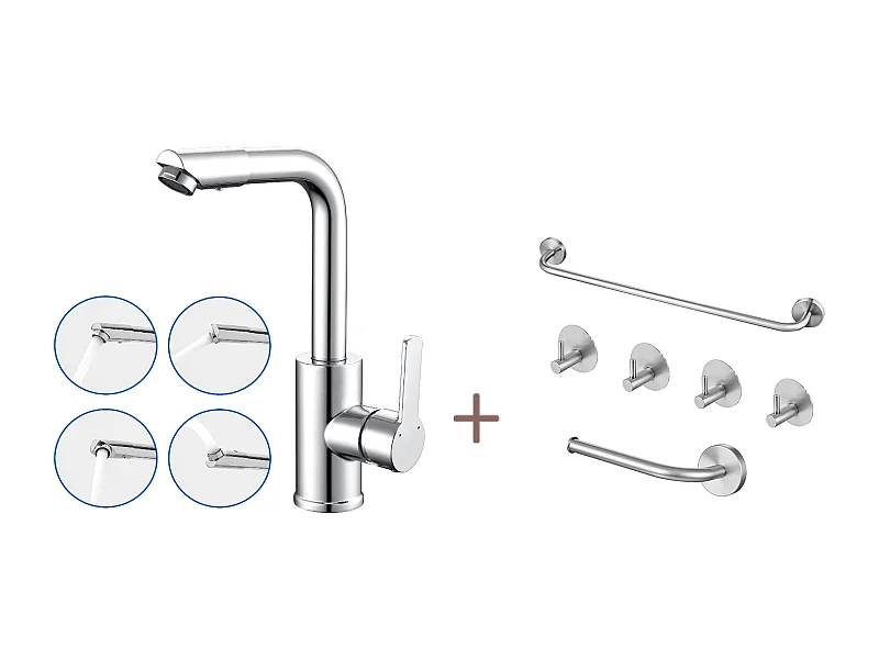 Waschbeckenarmatur mit schwenkbarem Auslauf, 360° drehbare Badarmatur, Chrom + 6-teiliges Badzubehör-Set, selbstklebend/bohrbar, Edelstahl, gebürstet