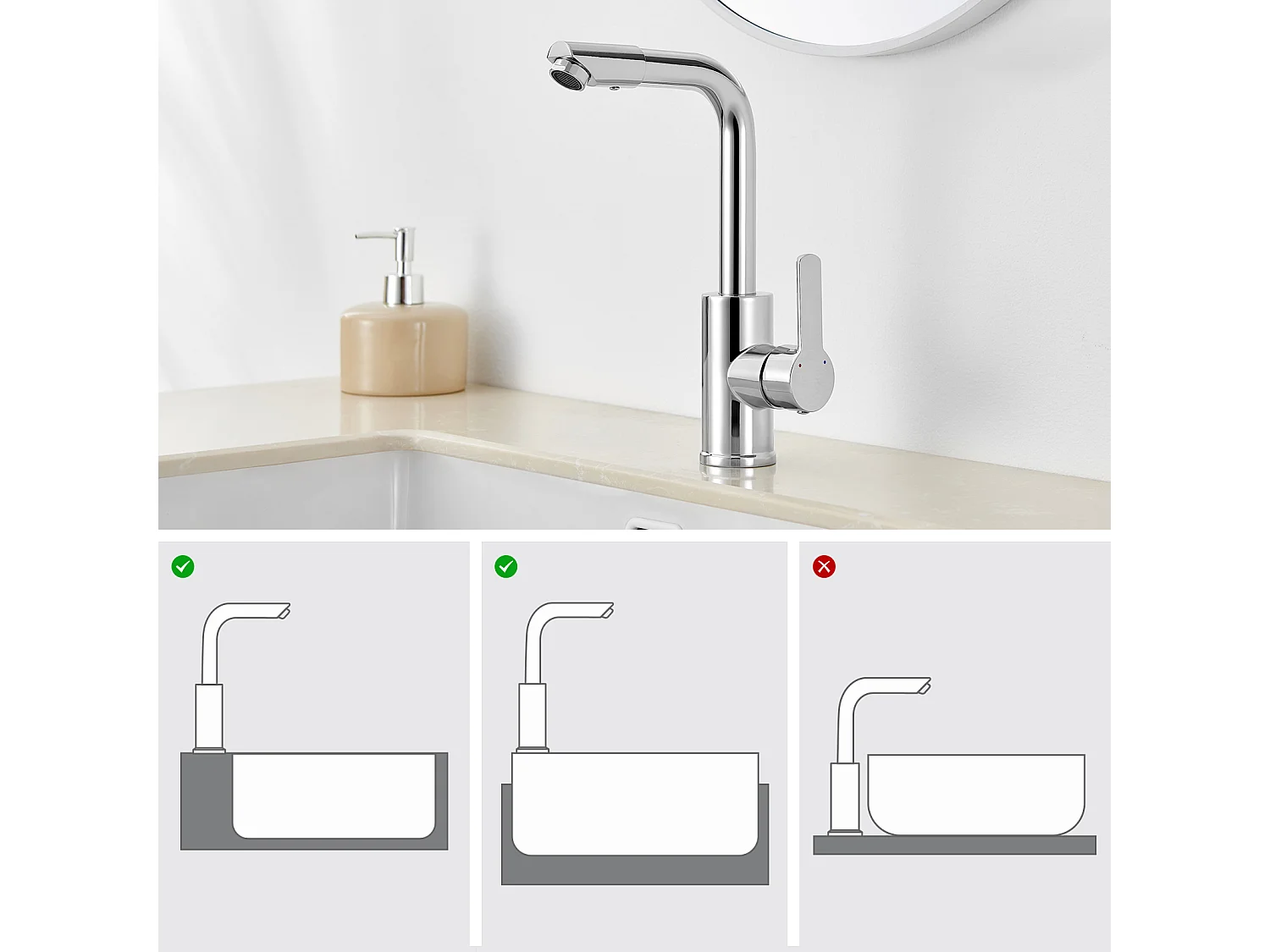 Grifo para lavabo con caño giratorio,con rotación 360 grados, cromado+Conjunto baño Accesorio 6 piezas,Autoadhesivo/perforar,inoxidable,Cepillado