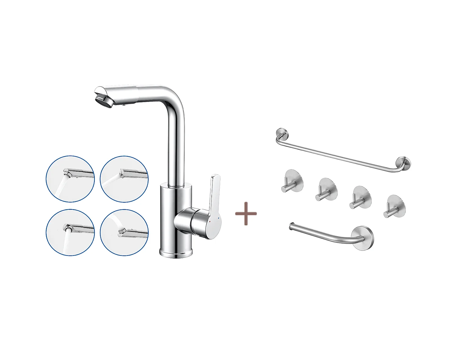 Wastafelkraan met draaibare uitloop,Badkamerkraan 360° draaibaar,Chrome+set badkameraccessoire 6-delig,Zelfklevend/boren,Roestvrij staal,Geborsteld