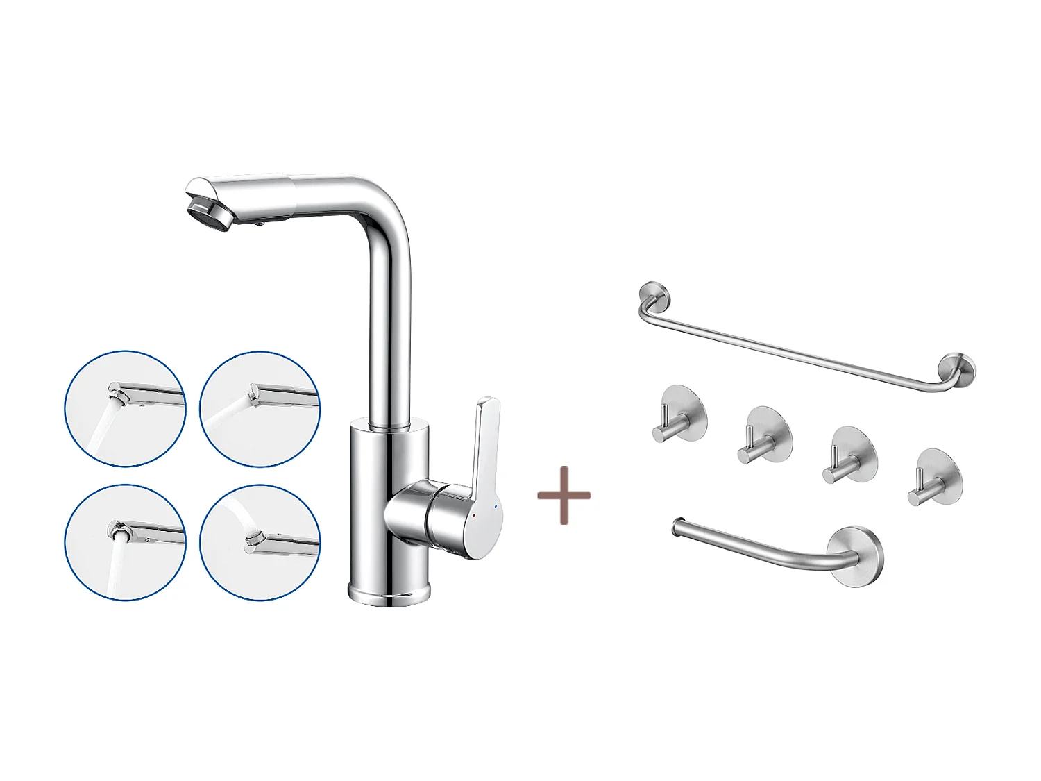 Robinet Lavabo avec Bec Pivotant,Robinet Salle Bain Rotation 360°,Chromé+Ensemble Salle Bain Accessoire 6 Pièces,Auto-adhésif/percer,Inox,Brossé