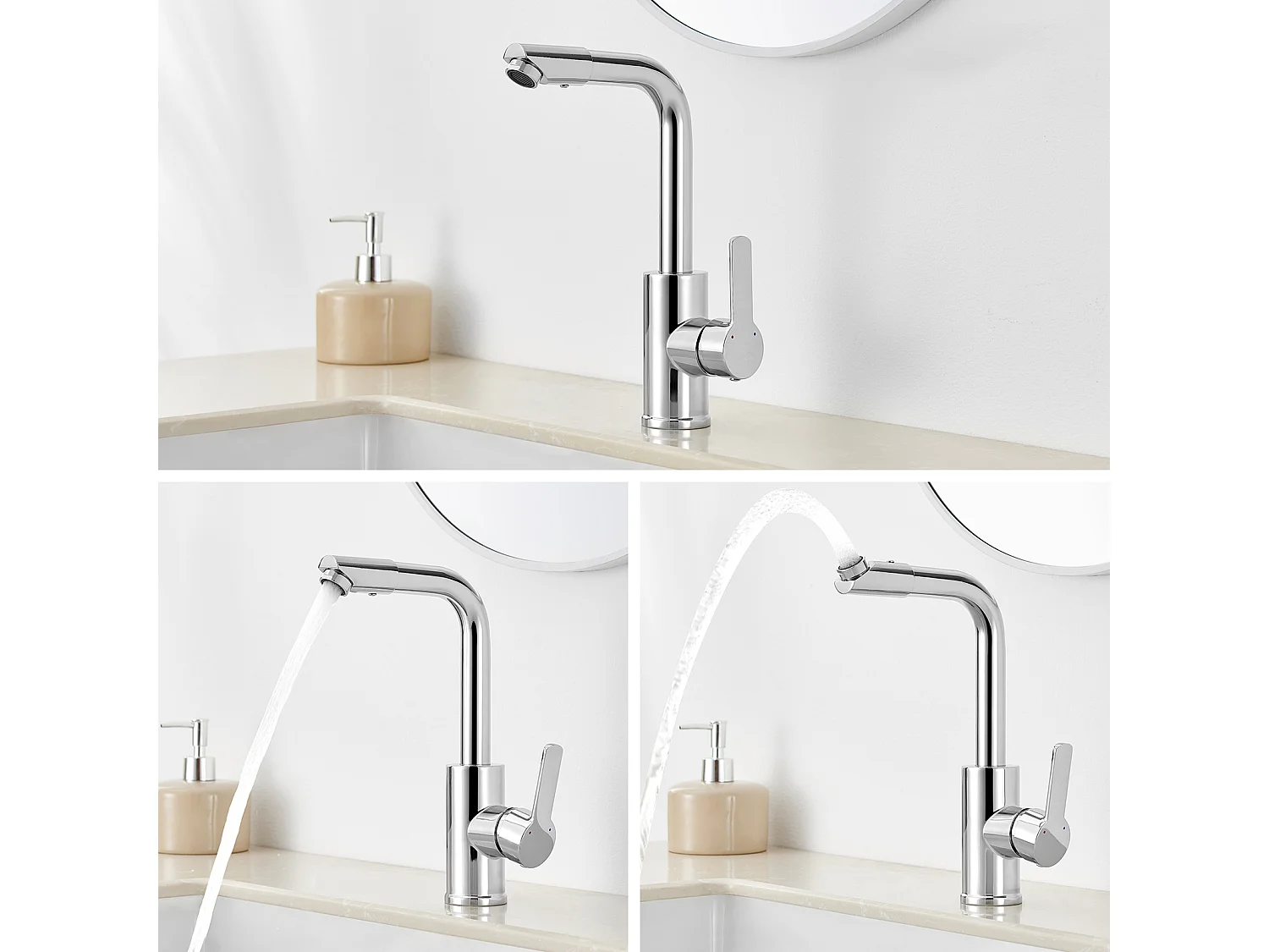 Robinet Lavabo avec Bec Pivotant,Robinet Salle Bain Rotation 360°,Chromé+Ensemble Salle Bain Accessoire 6 Pièces,Auto-adhésif/percer,Inox,Brossé