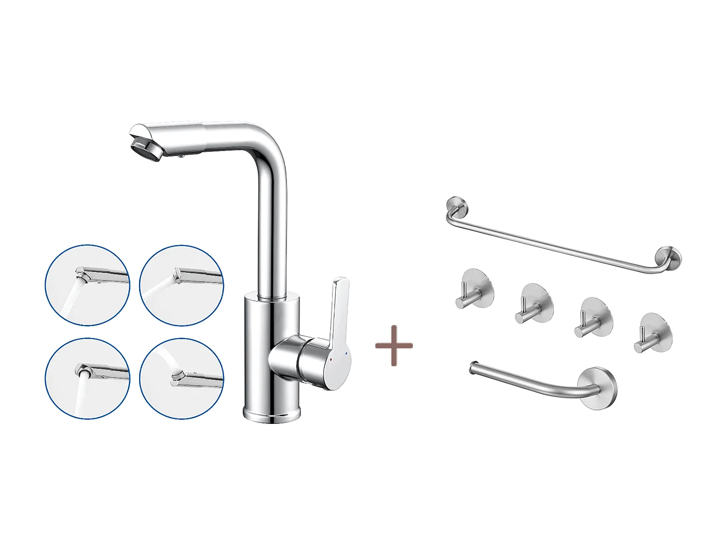 Robinet Lavabo avec Bec Pivotant,Robinet Salle Bain Rotation 360°,Chromé+Ensemble Salle Bain Accessoire 6 Pièces,Auto-adhésif/percer,Inox,Brossé