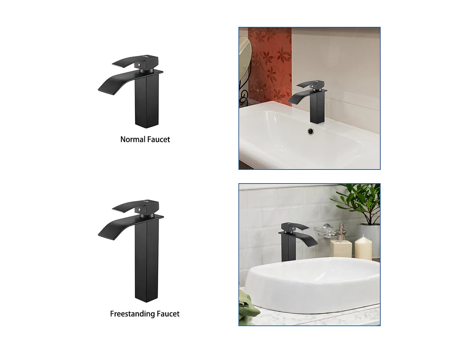 AuraLum Max 2PCS Mitigeur Robinet Lavabo Cascade Noir Moderne Mitigeur Robinet Salle Bain pour Vasque à Poser Robinetterie pour lavabo,EU Modèle