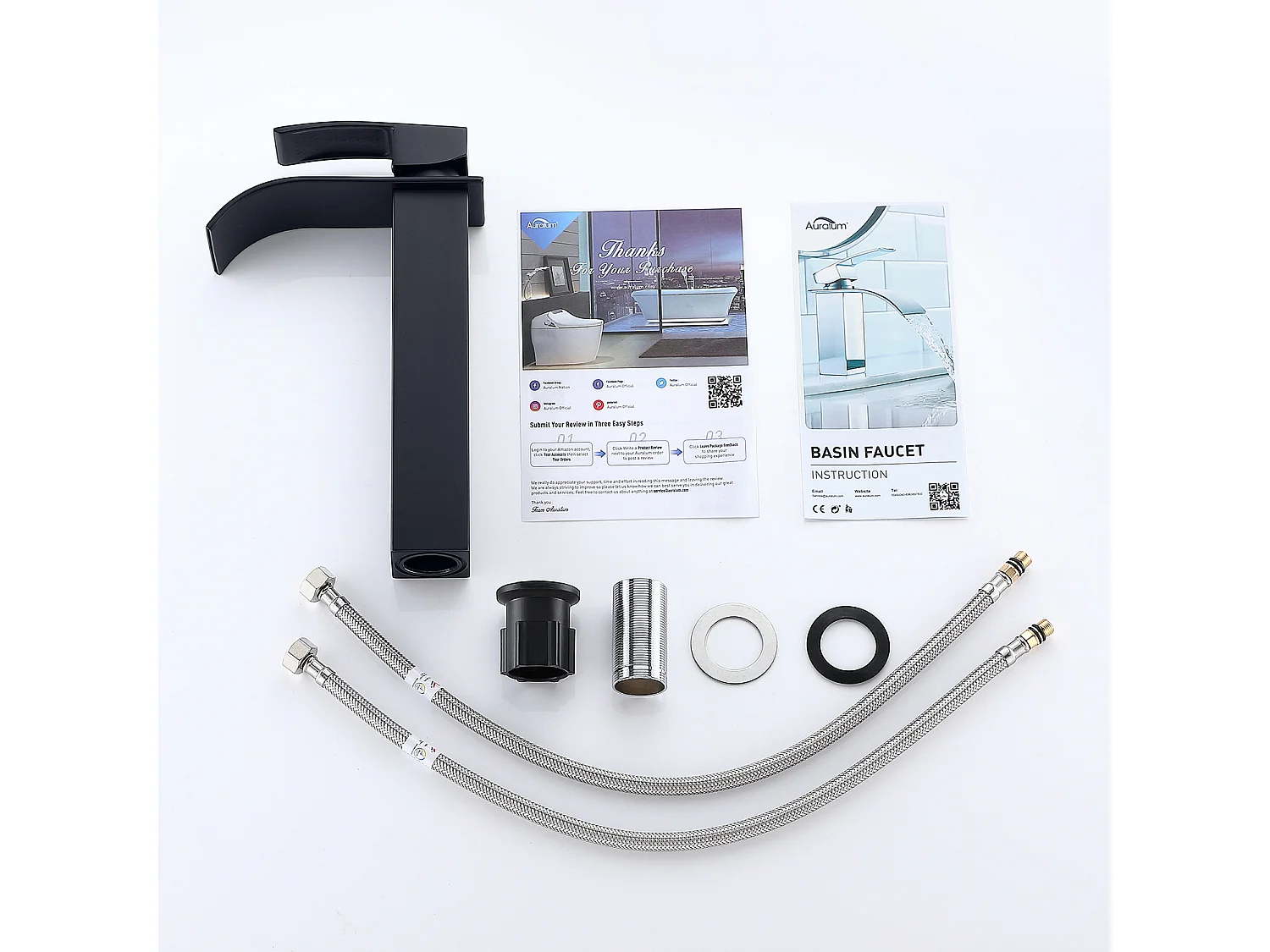 AuraLum Max 2PCS Mitigeur Robinet Lavabo Cascade Noir Moderne Mitigeur Robinet Salle Bain pour Vasque à Poser Robinetterie pour lavabo,EU Modèle