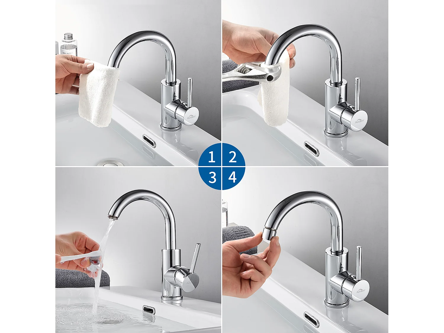 AuraLum Max Robinet Lavabo Salle Bain Forme en U Bec Haut Mitigeur de Lavabo Chromé Brillant Rotatif 360° Robinet Mitigeur Lavabo Moderne,EU Modèle