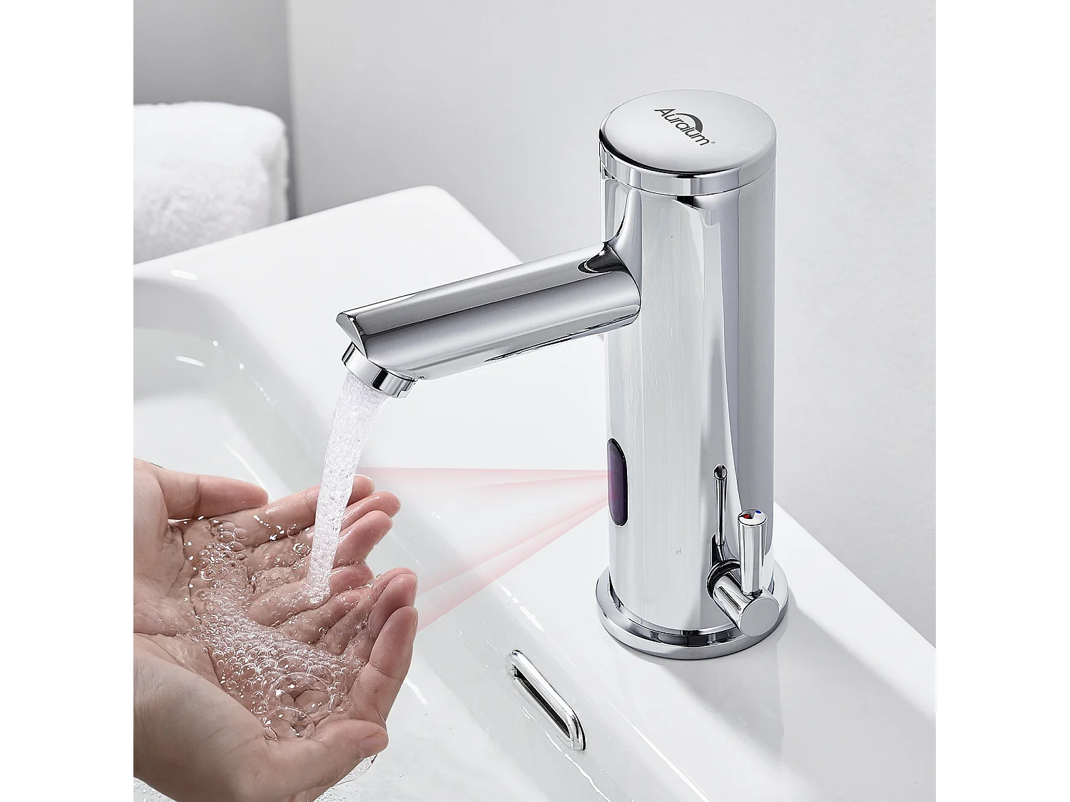 Auralum max Wastafelmengkraan Infrarood Elektronisch Koud/Warm Water Messing Chroom+60cm Handdoekhouder Badkamer Zelfklevend of Boren