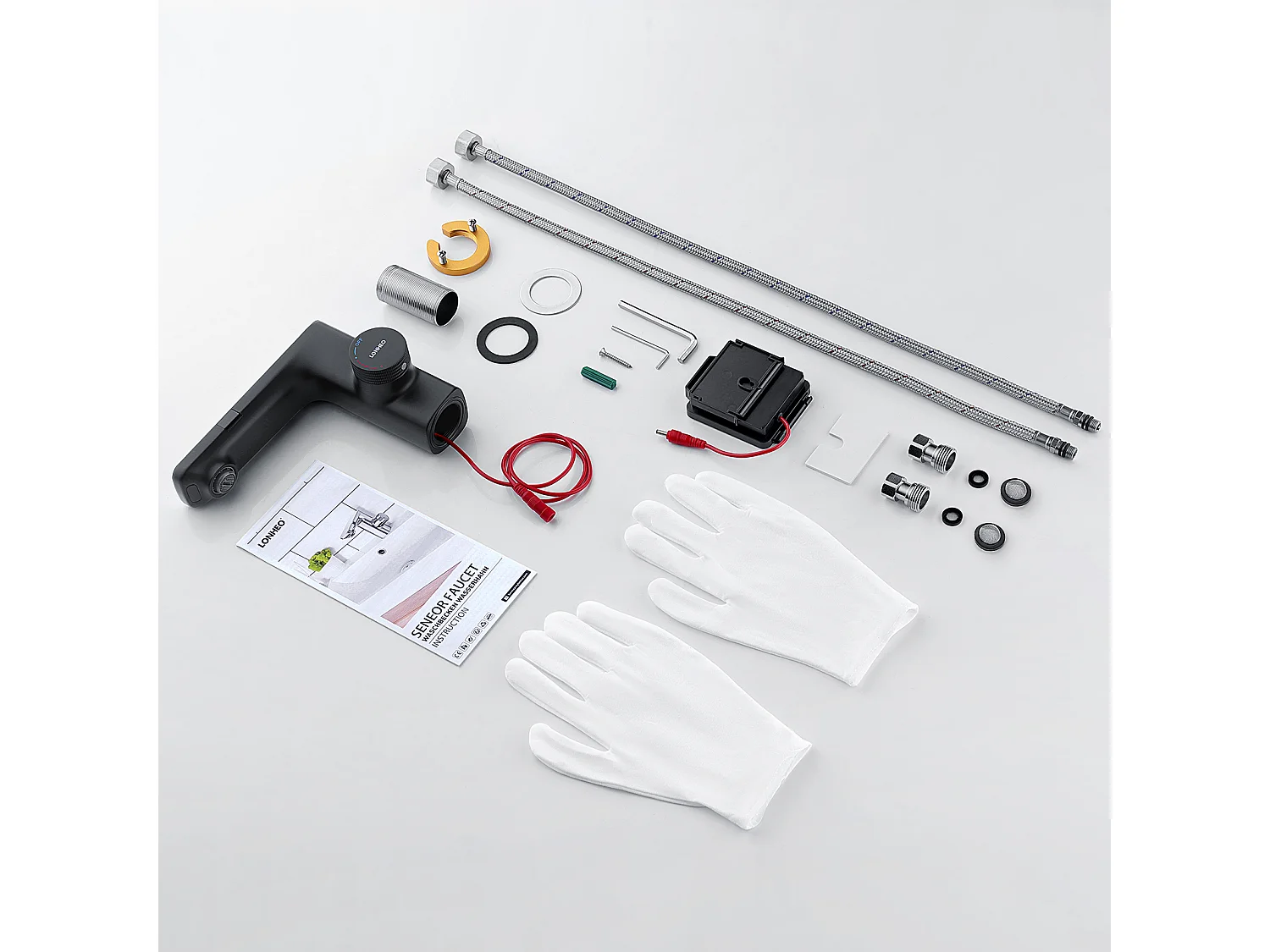 Lonheo Max Mitigeur Lavabo Capteur Infrarouge Intelligent Automatique, Mitigeur Infrarouge Electronique à Eau Chaude/Froide,Noir,en Laiton,EU Modèle