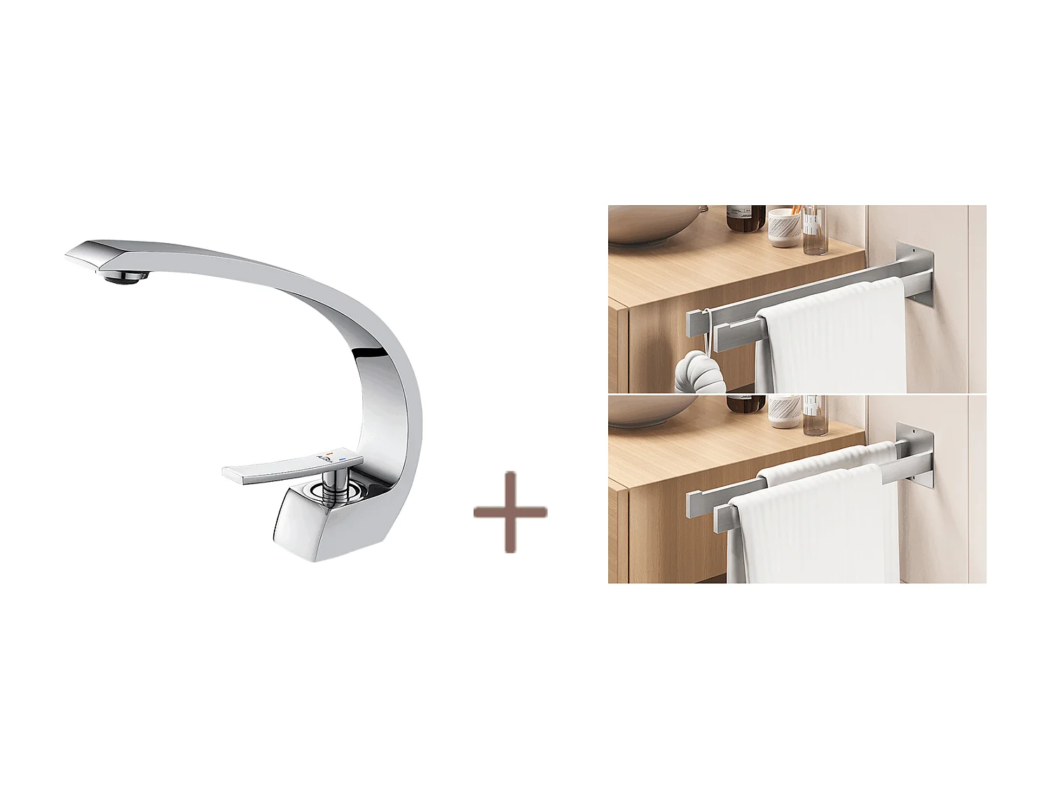 Arc Mitigeur Lavabo en Laiton Monotrou avec Mousseur Démontable+Porte Serviette Salle Bain Adhésif/Perçage,Barres Porte Serviettes Mural,Brossé