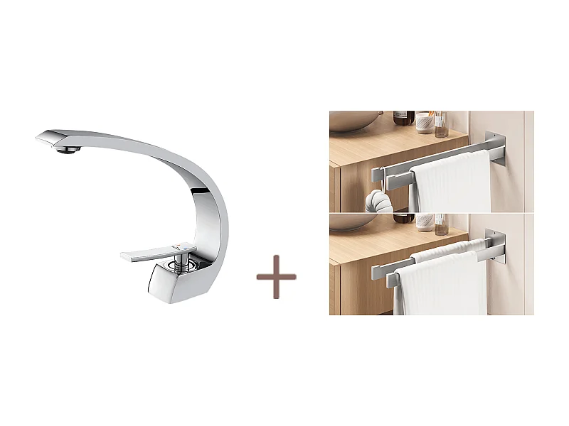 Arc Mitigeur Lavabo en Laiton Monotrou avec Mousseur Démontable+Porte Serviette Salle Bain Adhésif/Perçage,Barres Porte Serviettes Mural,Brossé