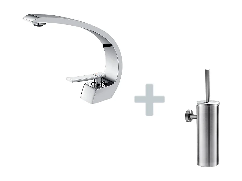 Arc Miscelatore Lavabo in Ottone Monoforo con Schiumatore Smontabile+Porta Spazzola Toilette Acciaio Inox Spazzola WC A Parete