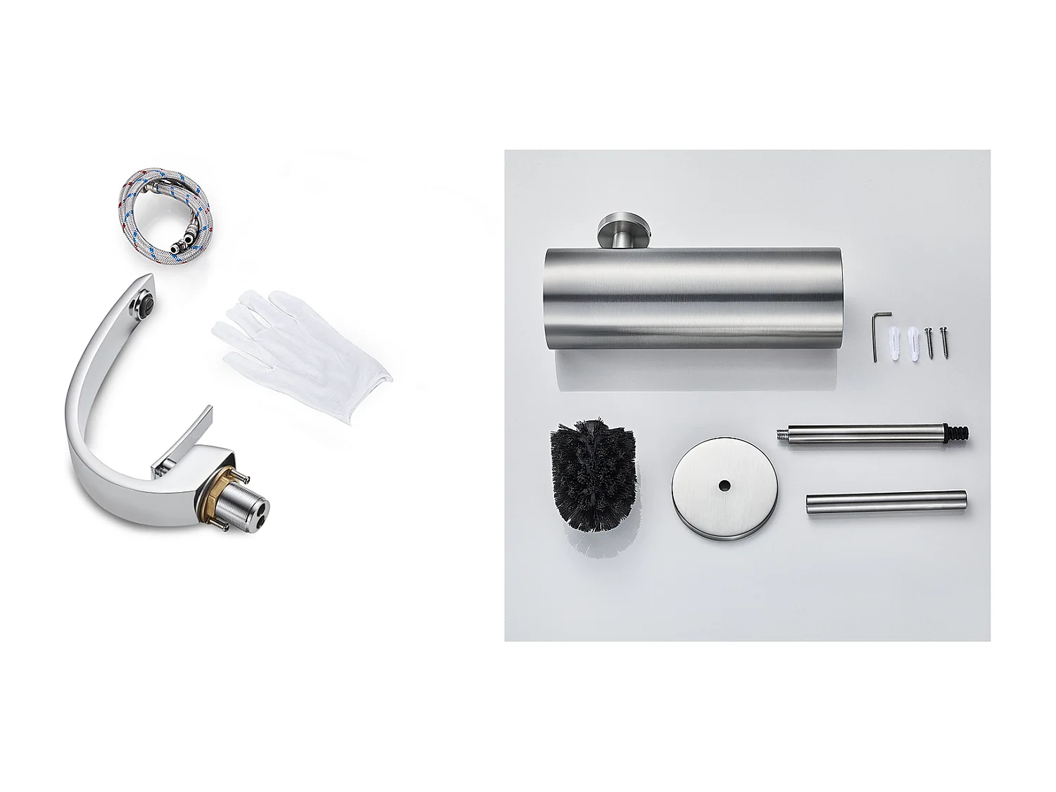 Arc Mezclador Lavabo de Latón Monoagujero con Espumador Desmontable+Puerta Cepillo Inodoro Acero Inoxidable Cepillo WC Pared