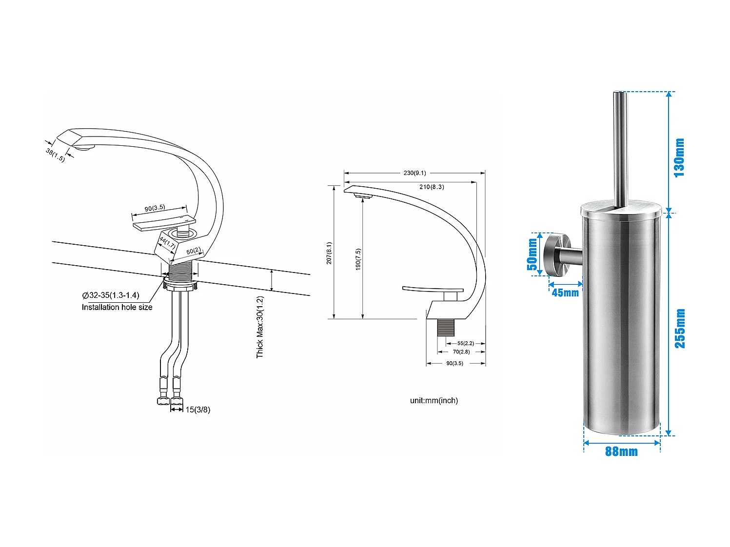 Arc Mitigeur Lavabo en Laiton Monotrou avec Mousseur Démontable+Porte Brosse Toilette Acier Inoxydable Brosse WC Mural